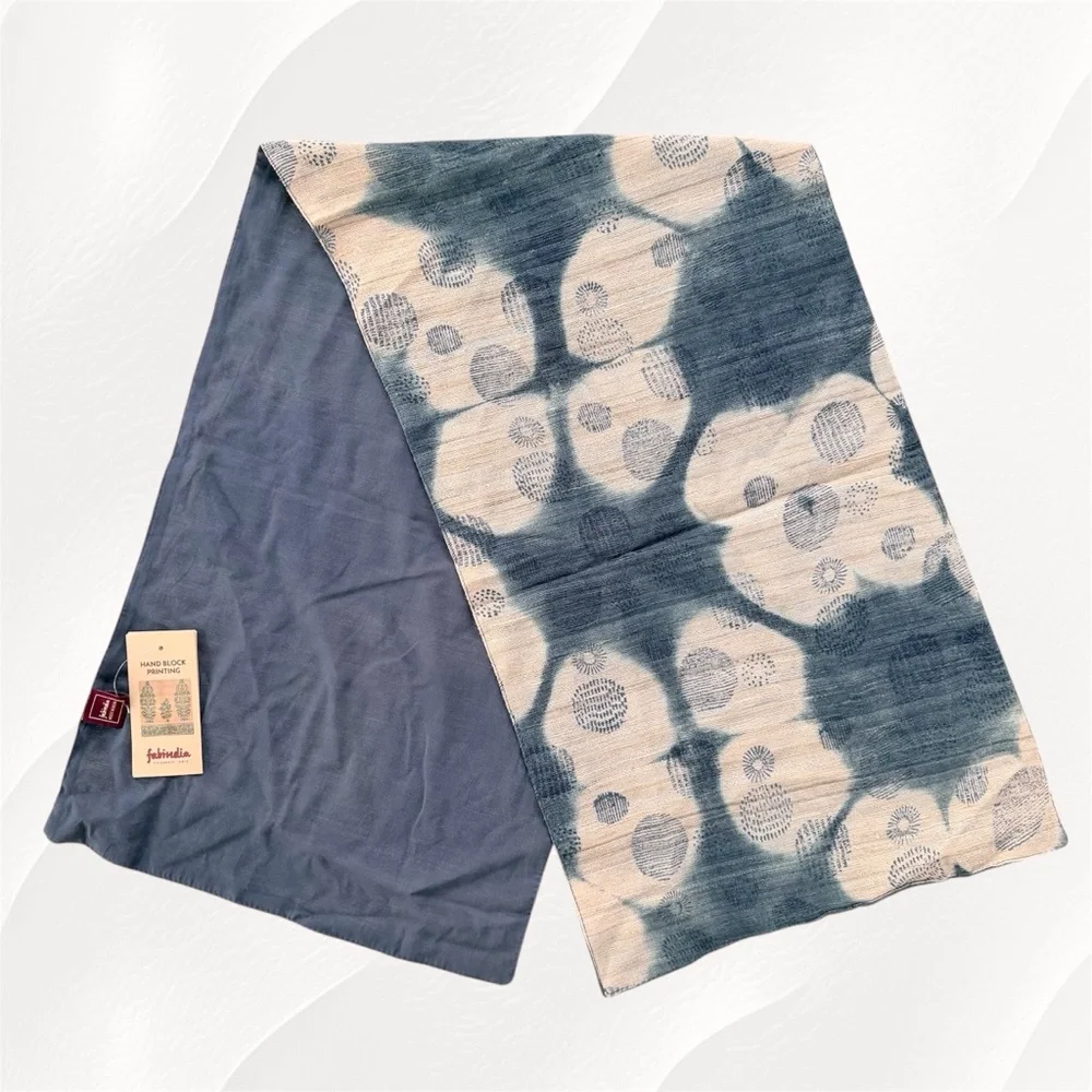 Fabindia Indigo Blue Hand Block Print Silk Shibori Chiti Table Runner, 44”x 13”